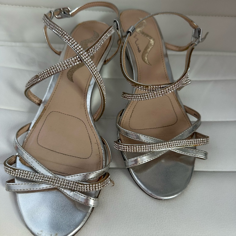 Nina Silver Strappy Sandals with Rhinestones